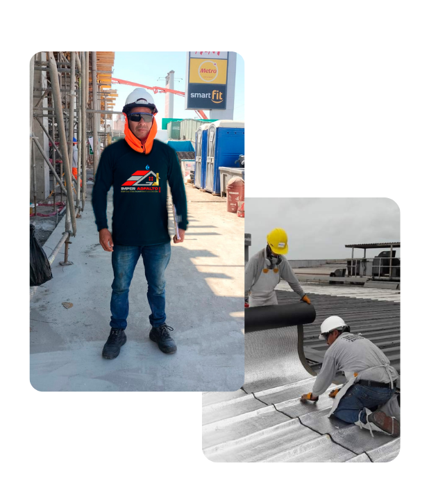 Gerente general de ImperAsfalto en obra junto a su equipo, supervisando la instalación de manto asfáltico en techo industrial. Imagen representativa del compromiso, experiencia y presencia de la empresa en el sector construcción en Lima.